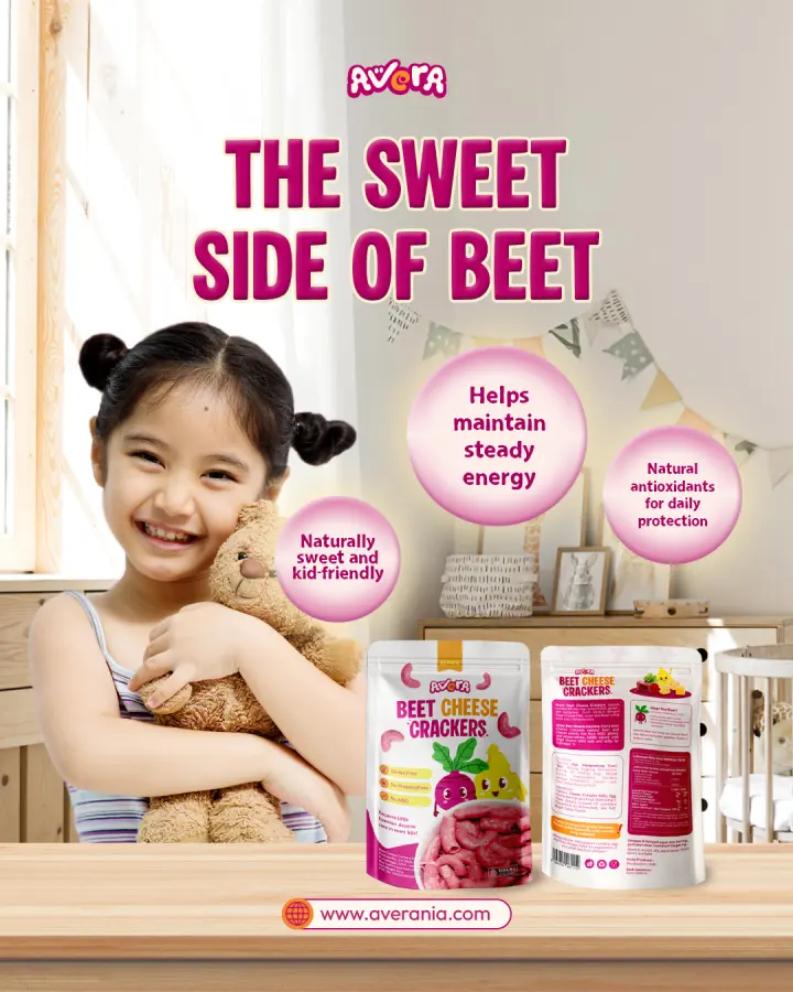 A happy child with AVERA Beet Cheese Crackers