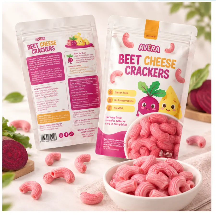 AVERA Beet Cheese Crackers 50 g stand-up pouch, front and back